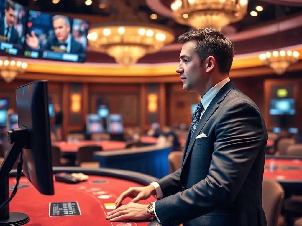 A captivating image of a live dealer studio with professional dealers engaging with players via video stream, showcasing the authentic casino atmosphere of PIN8's live dealer experiences.