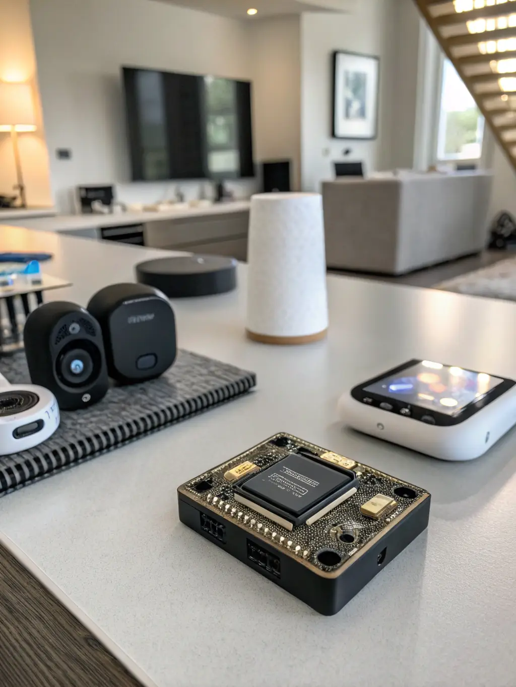 A close-up shot of a hardware security module (HSM) with glowing lights, emphasizing its role in encrypting sensitive data for PIN8's platform.